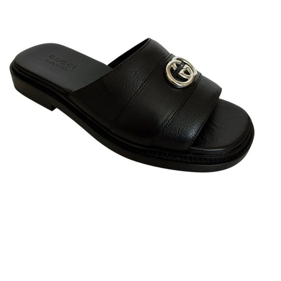 GUCCI 777849 MEN'S BLACK LEATHER INTERLOCKING G SANDALS, Gucci sz 7.5 (US 8) - Picture 9 of 13